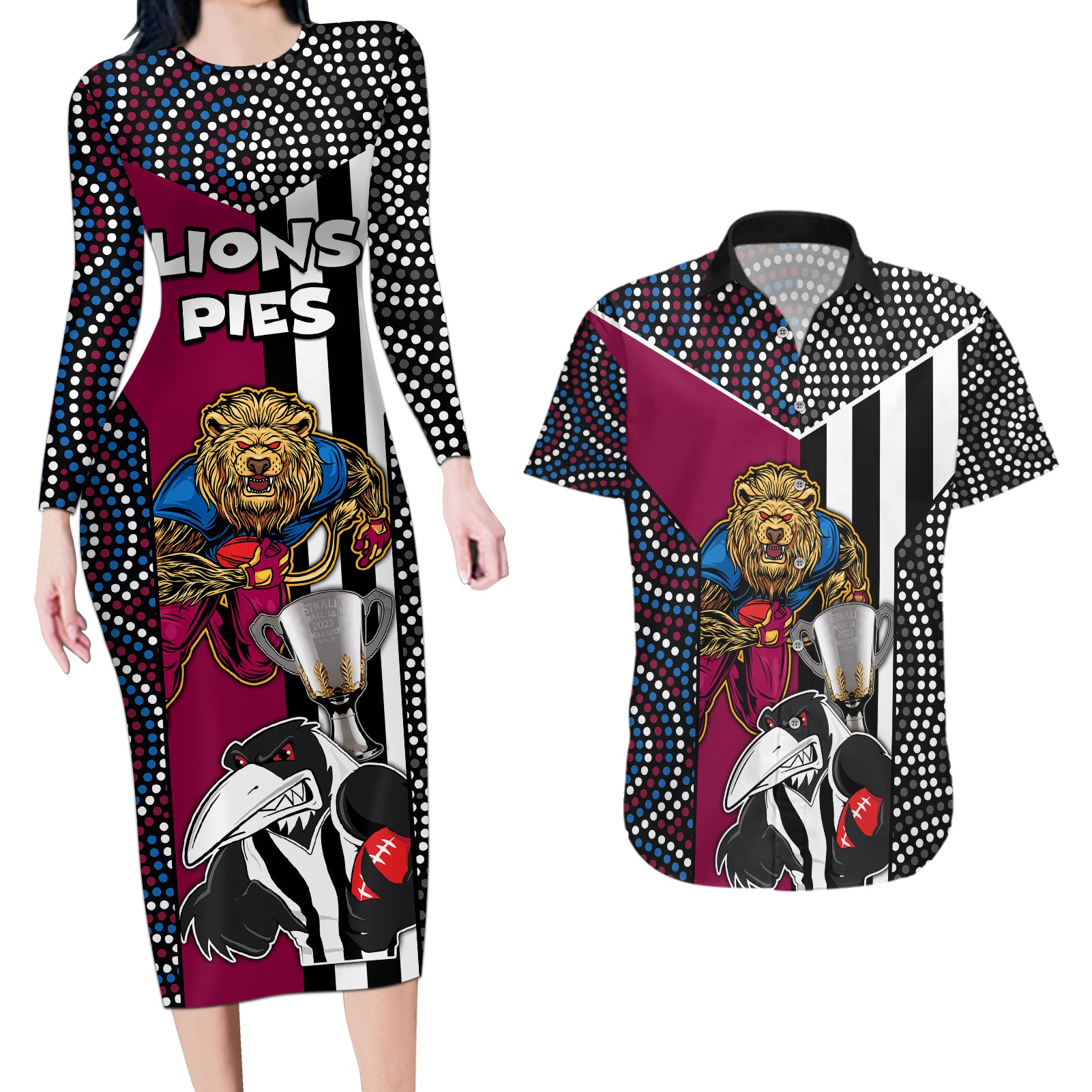 custom-afl-magpies-combine-lions-couples-matching-long-sleeve-bodycon-dress-and-hawaiian-shirt-together-go-champions-2023