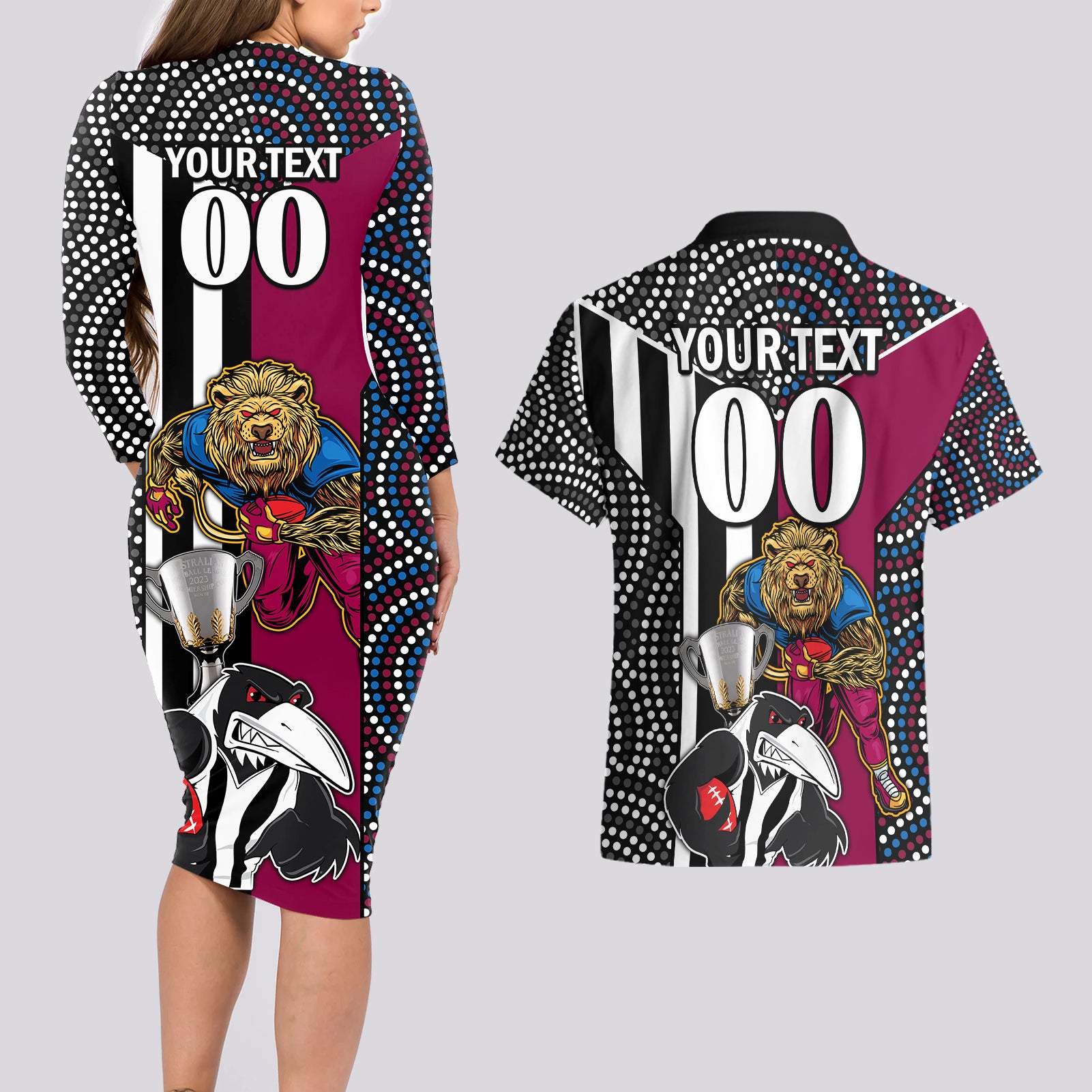 custom-afl-magpies-combine-lions-couples-matching-long-sleeve-bodycon-dress-and-hawaiian-shirt-together-go-champions-2023