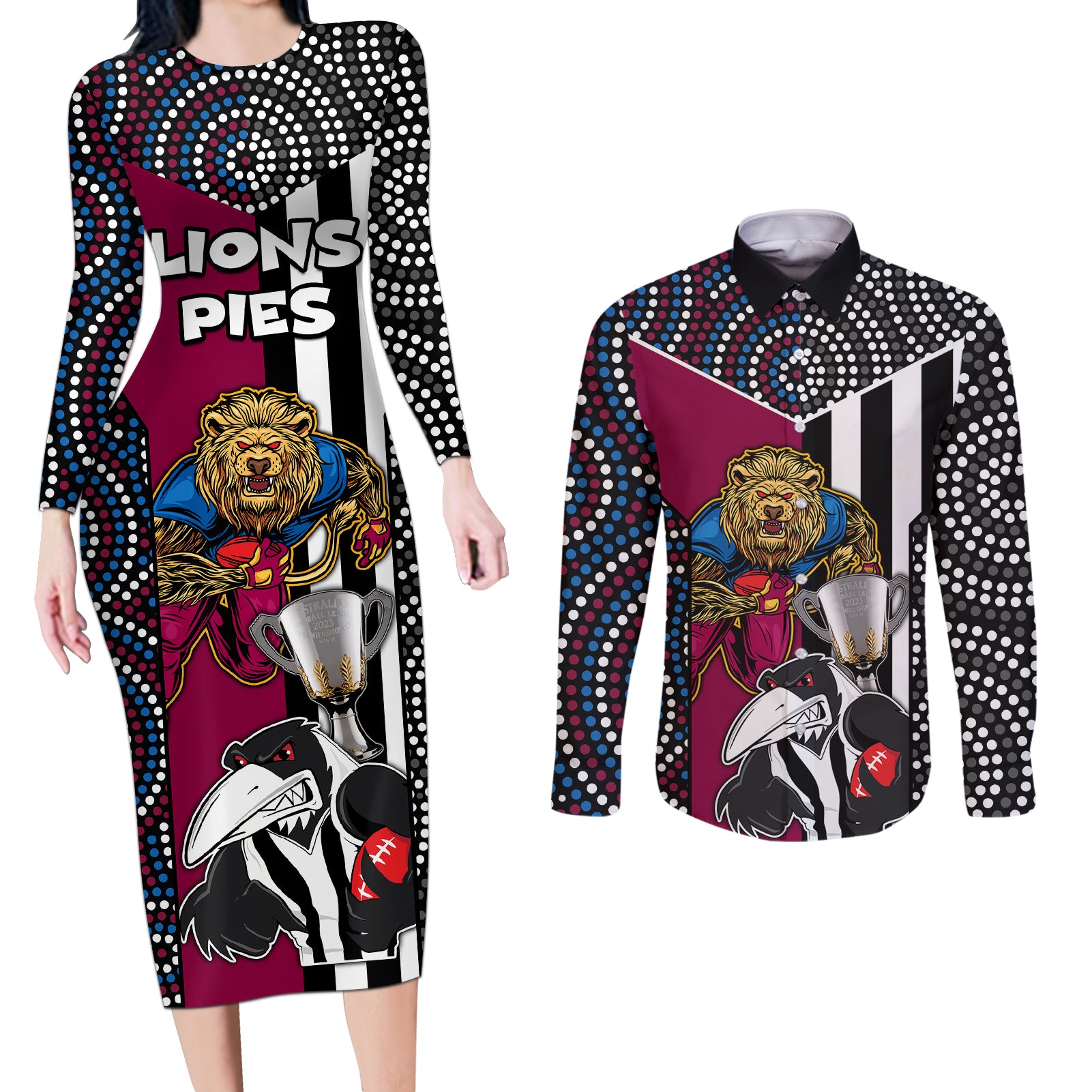 custom-afl-magpies-combine-lions-couples-matching-long-sleeve-bodycon-dress-and-long-sleeve-button-shirts-together-go-champions-2023