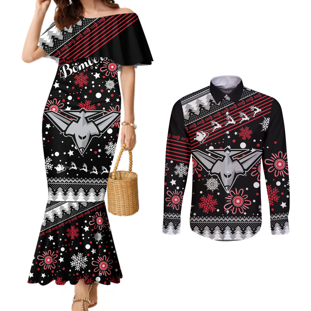 custom-bombers-football-couples-matching-mermaid-dress-and-long-sleeve-button-shirt-christmas-vibe-2023