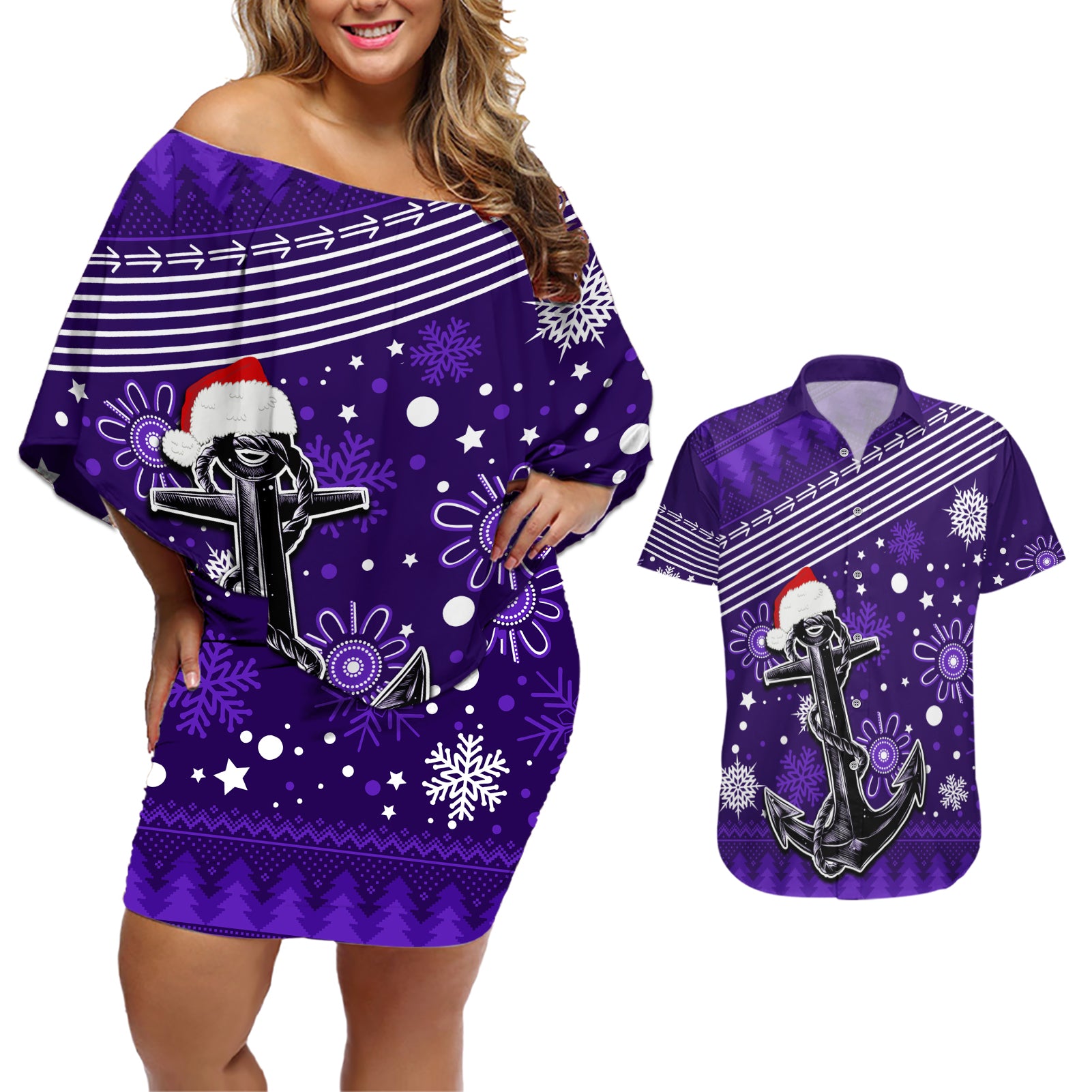 custom-fremantle-dockers-football-couples-matching-off-shoulder-short-dress-and-hawaiian-shirt-christmas-vibe-2023
