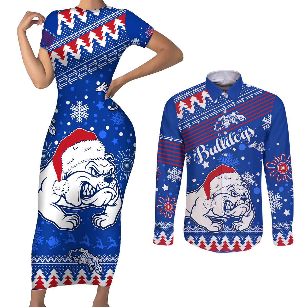 bulldogs-football-couples-matching-short-sleeve-bodycon-dress-and-long-sleeve-button-shirt-christmas-vibe-2023