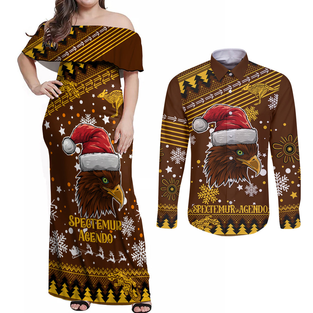 hawks-football-couples-matching-off-shoulder-maxi-dress-and-long-sleeve-button-shirt-spectemur-agendo-christmas-vibe-2023