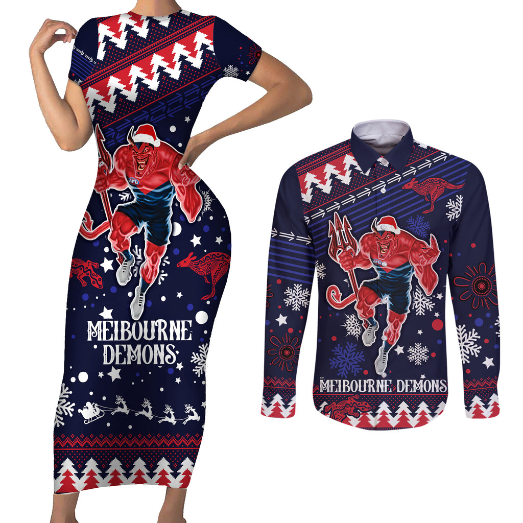 custom-melbourne-demons-football-couples-matching-short-sleeve-bodycon-dress-and-long-sleeve-button-shirt-narrm-christmas-vibe-2023