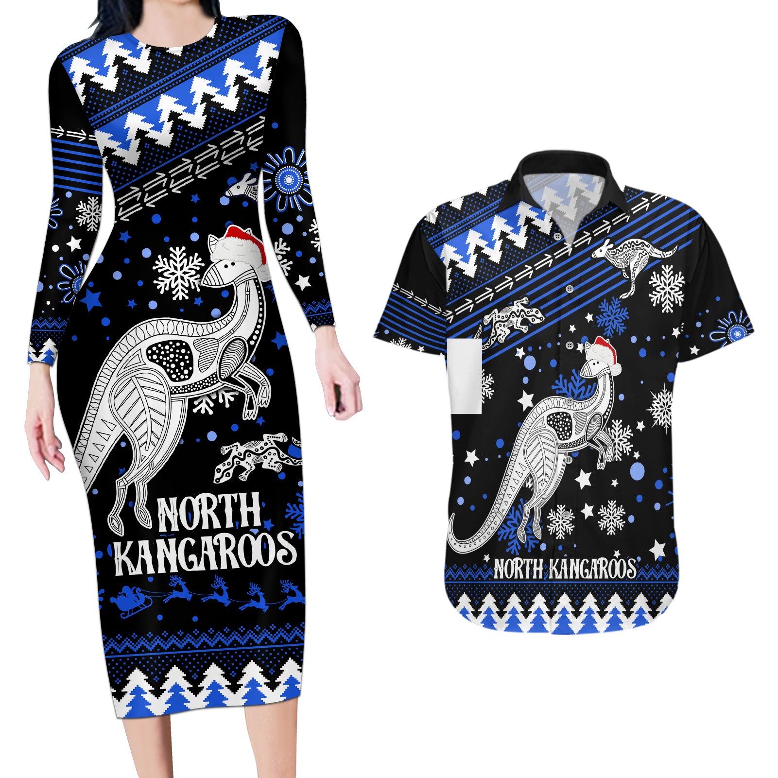 custom-north-kangaroos-football-couples-matching-long-sleeve-bodycon-dress-and-hawaiian-shirt-roos-christmas-vibe-2023