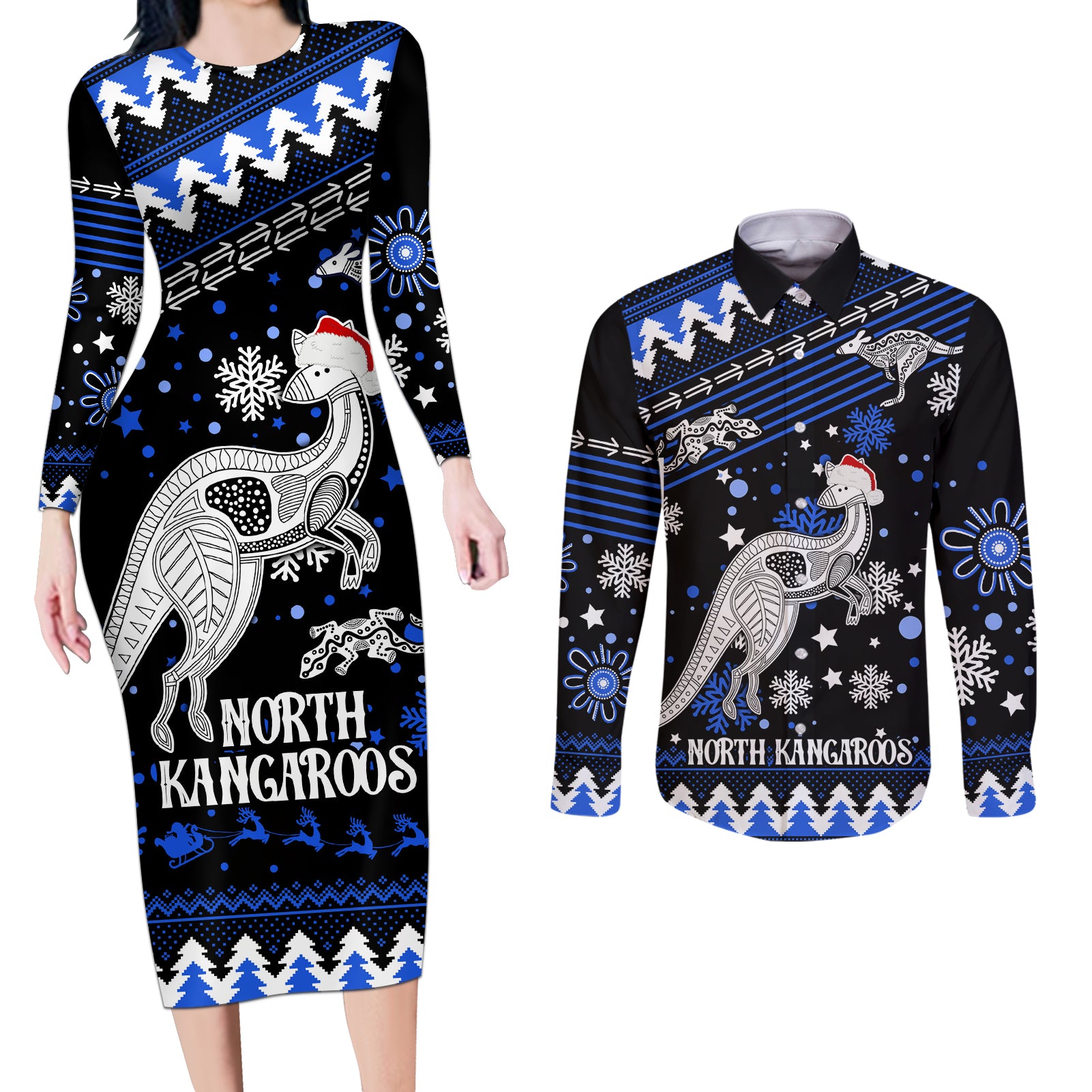custom-north-kangaroos-football-couples-matching-long-sleeve-bodycon-dress-and-long-sleeve-button-shirt-roos-christmas-vibe-2023