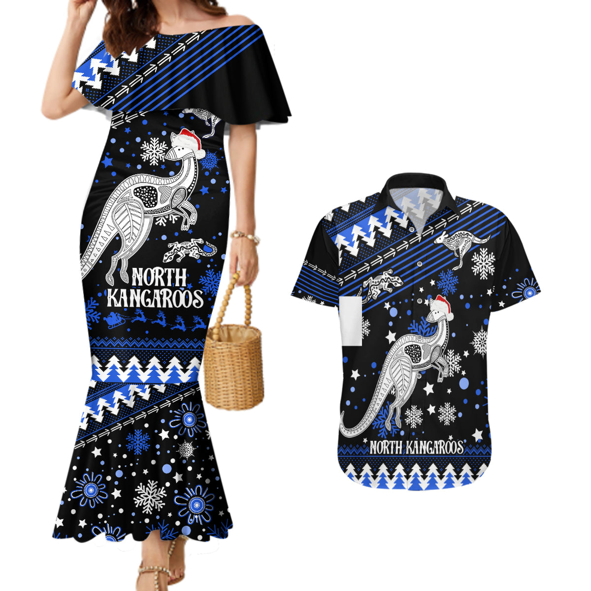 custom-north-kangaroos-football-couples-matching-mermaid-dress-and-hawaiian-shirt-roos-christmas-vibe-2023