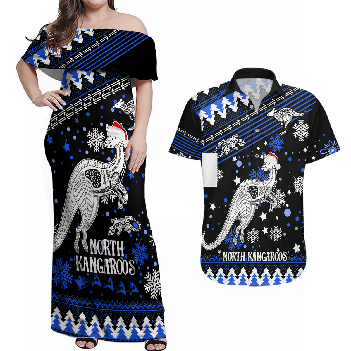 custom-north-kangaroos-football-couples-matching-off-shoulder-maxi-dress-and-hawaiian-shirt-roos-christmas-vibe-2023