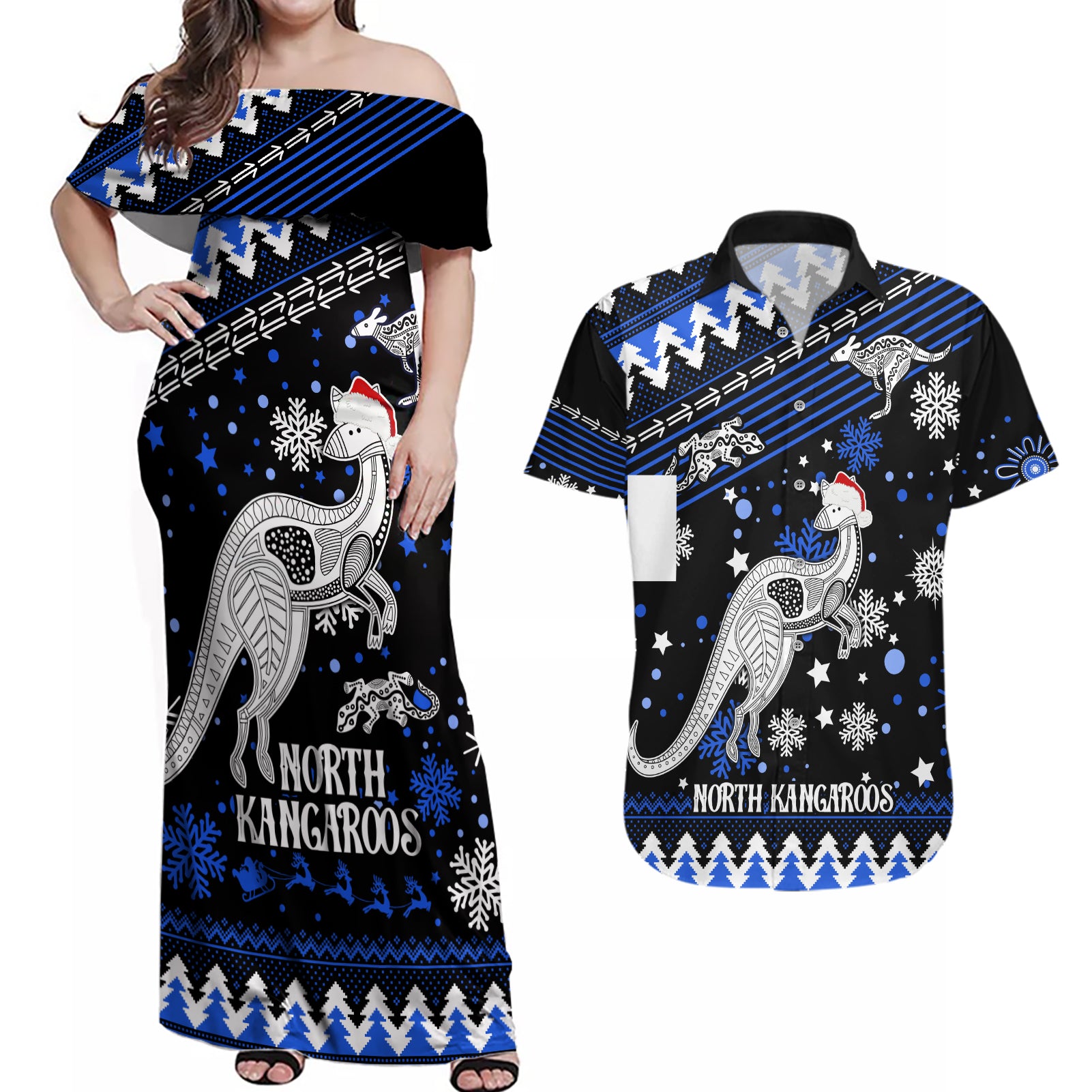 custom-north-kangaroos-football-couples-matching-off-shoulder-maxi-dress-and-hawaiian-shirt-roos-christmas-vibe-2023