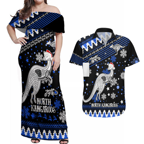 custom-north-kangaroos-football-couples-matching-off-shoulder-maxi-dress-and-hawaiian-shirt-roos-christmas-vibe-2023