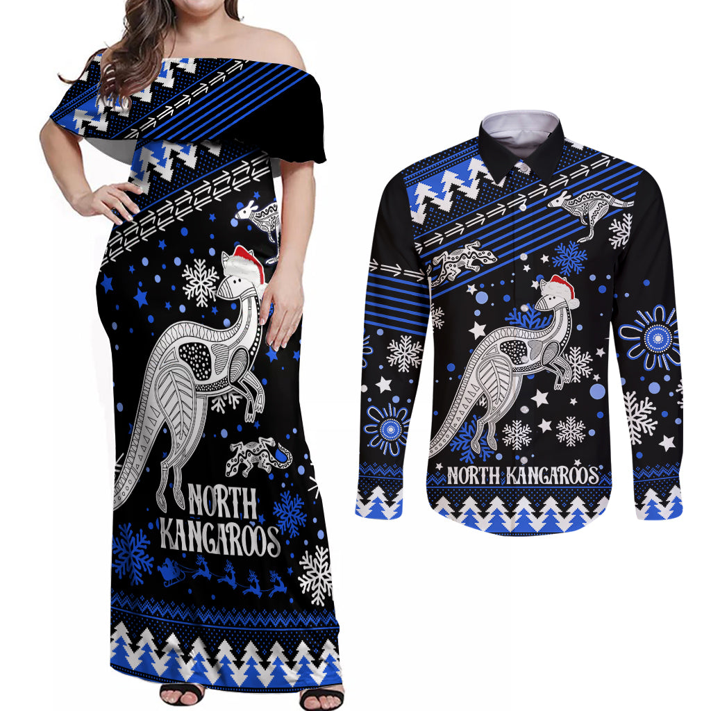 custom-north-kangaroos-football-couples-matching-off-shoulder-maxi-dress-and-long-sleeve-button-shirt-roos-christmas-vibe-2023