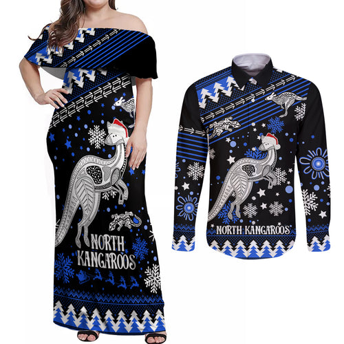 custom-north-kangaroos-football-couples-matching-off-shoulder-maxi-dress-and-long-sleeve-button-shirt-roos-christmas-vibe-2023