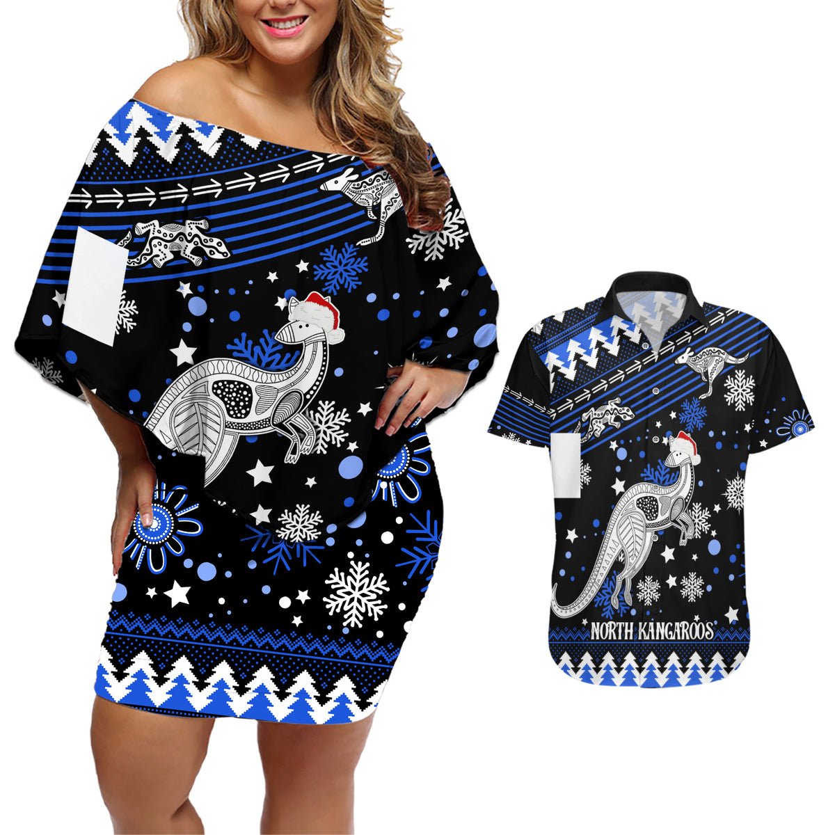 custom-north-kangaroos-football-couples-matching-off-shoulder-short-dress-and-hawaiian-shirt-roos-christmas-vibe-2023