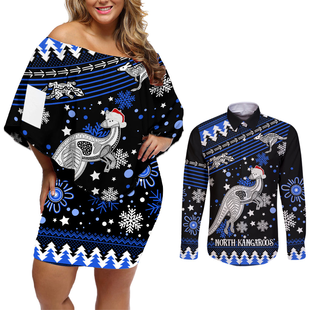 custom-north-kangaroos-football-couples-matching-off-shoulder-short-dress-and-long-sleeve-button-shirt-roos-christmas-vibe-2023