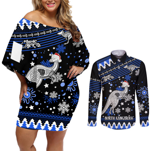 custom-north-kangaroos-football-couples-matching-off-shoulder-short-dress-and-long-sleeve-button-shirt-roos-christmas-vibe-2023