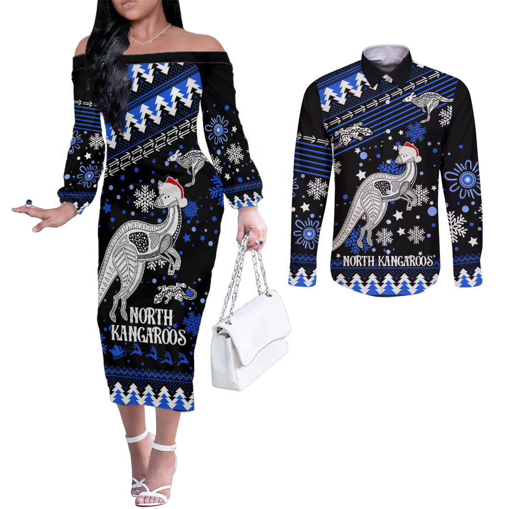 custom-north-kangaroos-football-couples-matching-off-the-shoulder-long-sleeve-dress-and-long-sleeve-button-shirt-roos-christmas-vibe-2023