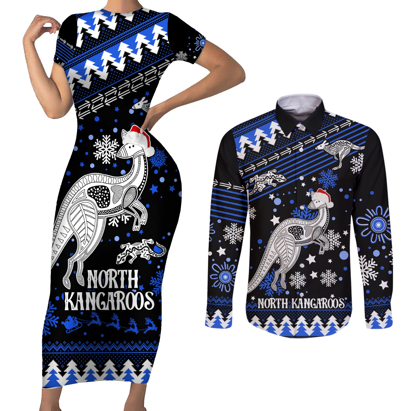 custom-north-kangaroos-football-couples-matching-short-sleeve-bodycon-dress-and-long-sleeve-button-shirt-roos-christmas-vibe-2023
