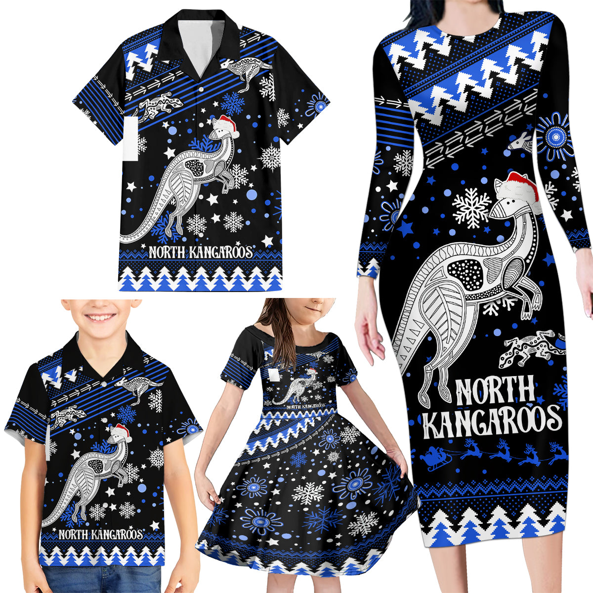 custom-north-kangaroos-football-family-matching-long-sleeve-bodycon-dress-and-hawaiian-shirt-roos-christmas-vibe-2023