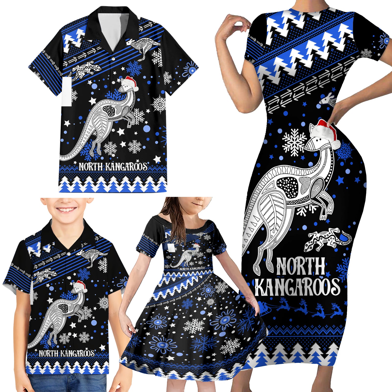 custom-north-kangaroos-football-family-matching-short-sleeve-bodycon-dress-and-hawaiian-shirt-roos-christmas-vibe-2023