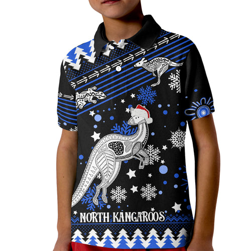 custom-north-kangaroos-football-kid-polo-shirt-roos-christmas-vibe-2023