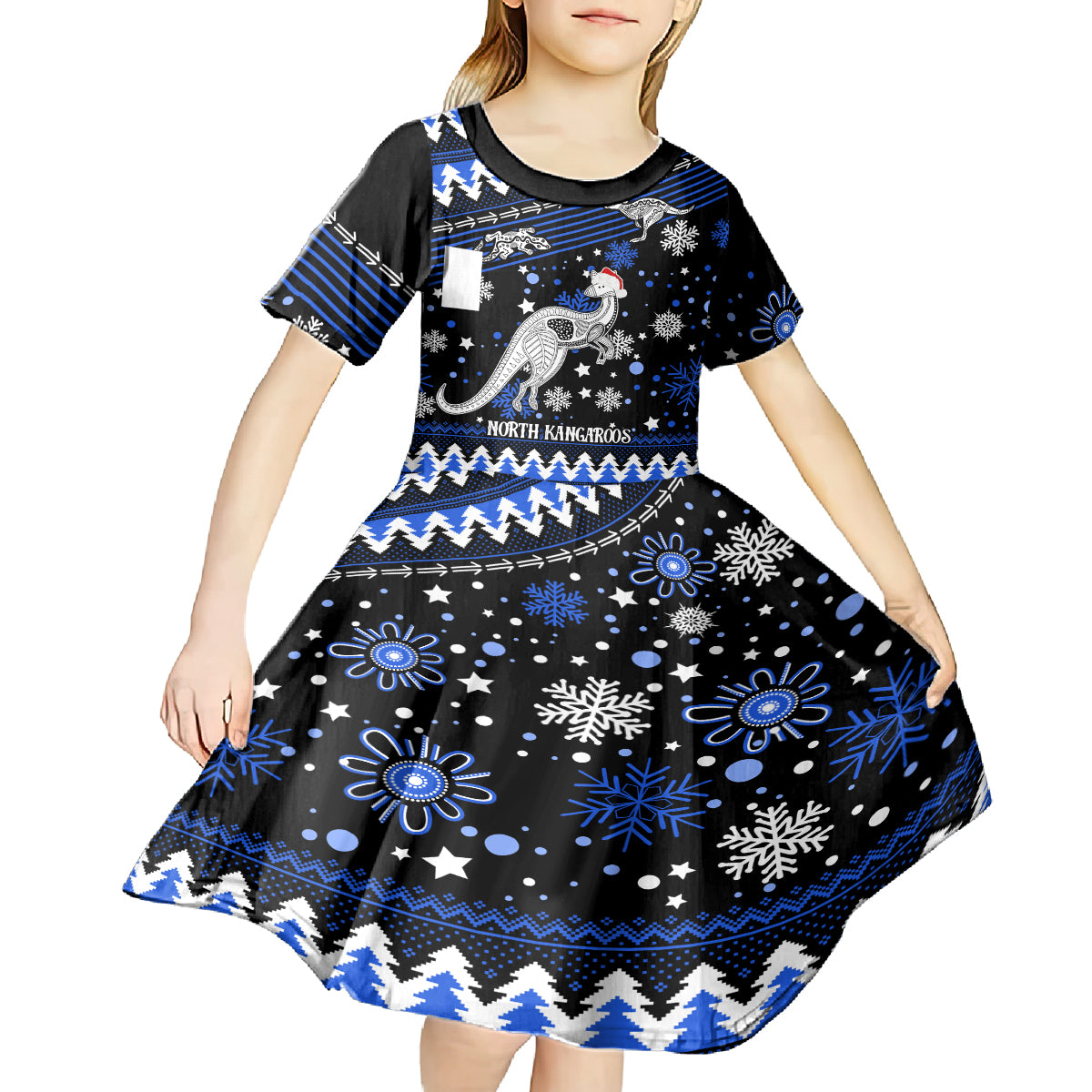 custom-north-kangaroos-football-kid-short-sleeve-dress-roos-christmas-vibe-2023