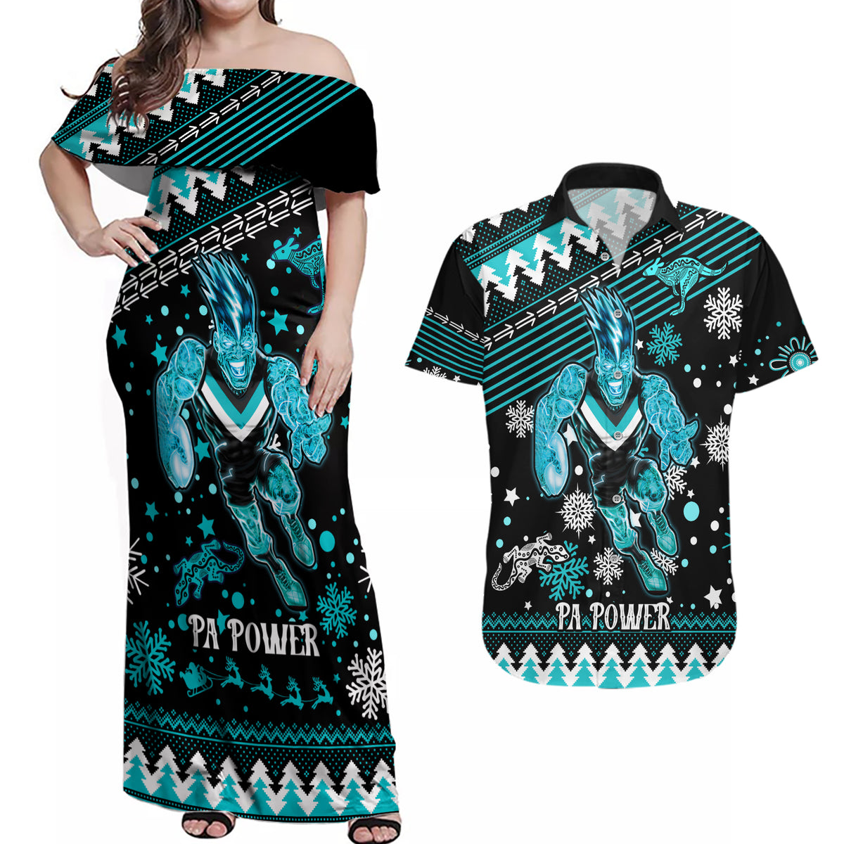 custom-port-adelaide-power-football-couples-matching-off-shoulder-maxi-dress-and-hawaiian-shirt-port-adelaide-power-football-christmas-vibe-2023