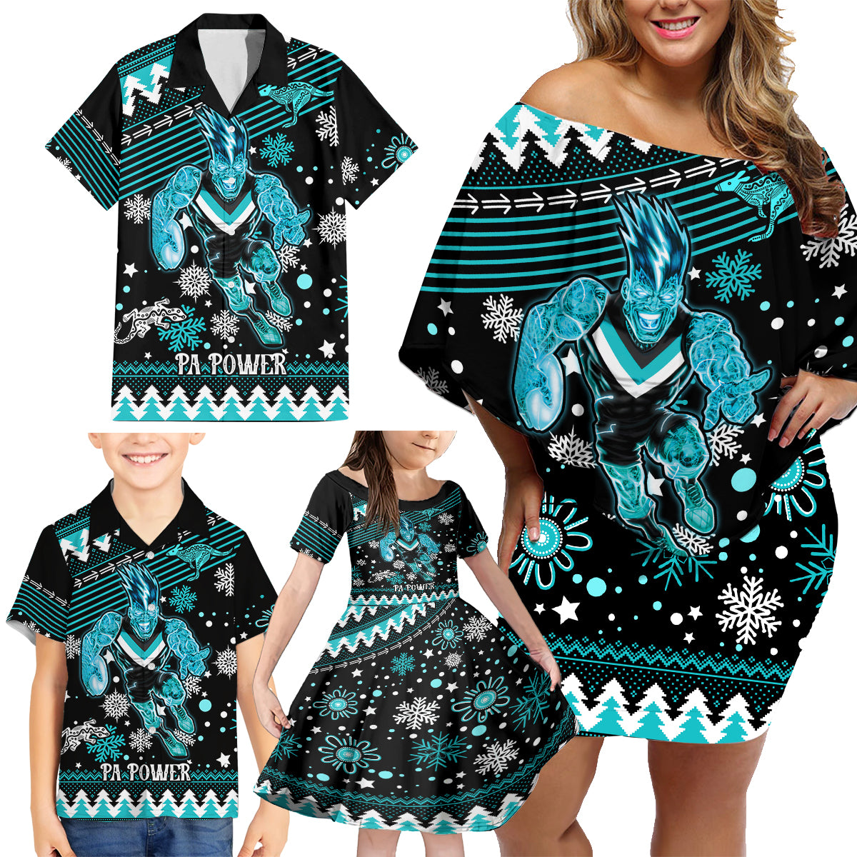 custom-port-adelaide-power-football-family-matching-off-shoulder-short-dress-and-hawaiian-shirt-port-adelaide-power-football-christmas-vibe-2023