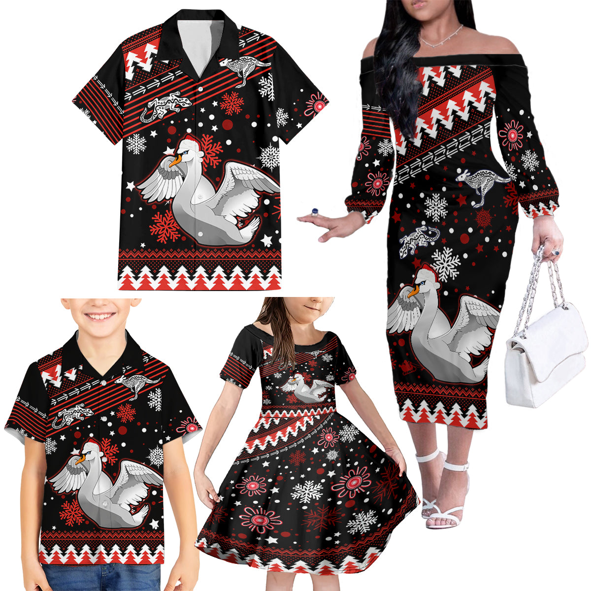 custom-swans-football-family-matching-off-shoulder-long-sleeve-dress-and-hawaiian-shirt-christmas-vibe-2023