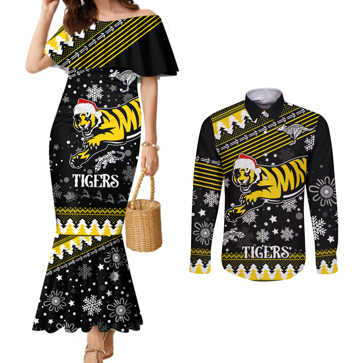 custom-tigers-football-couples-matching-mermaid-dress-and-long-sleeve-button-shirt-christmas-vibe-2023
