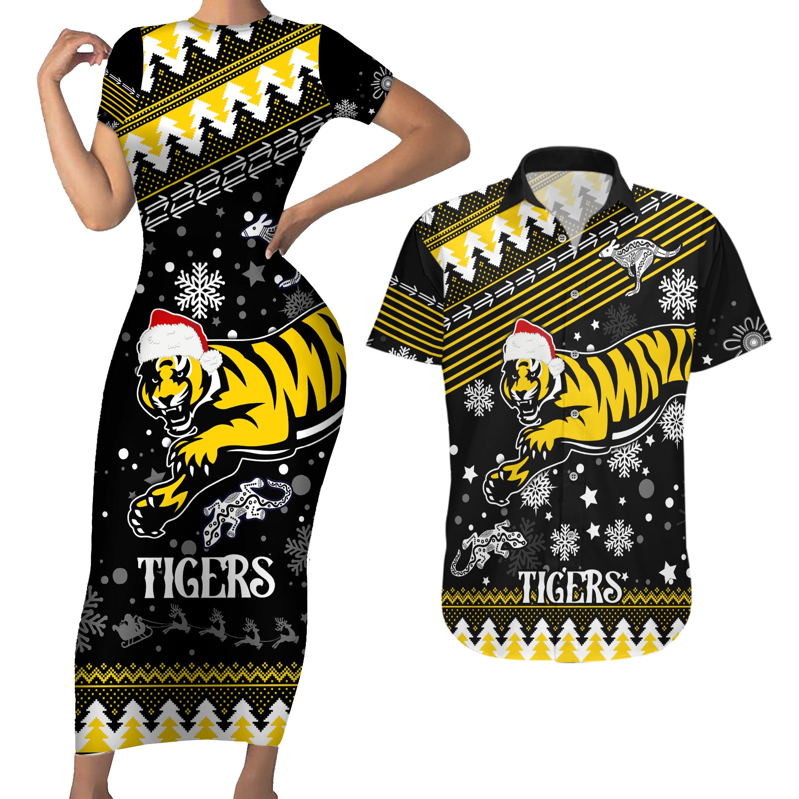 custom-tigers-football-couples-matching-short-sleeve-bodycon-dress-and-hawaiian-shirt-christmas-vibe-2023