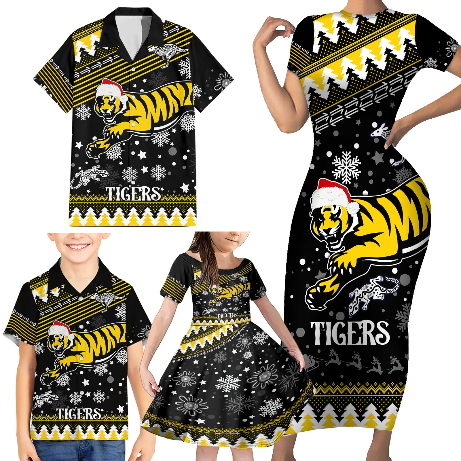custom-tigers-football-family-matching-short-sleeve-bodycon-dress-and-hawaiian-shirt-christmas-vibe-2023