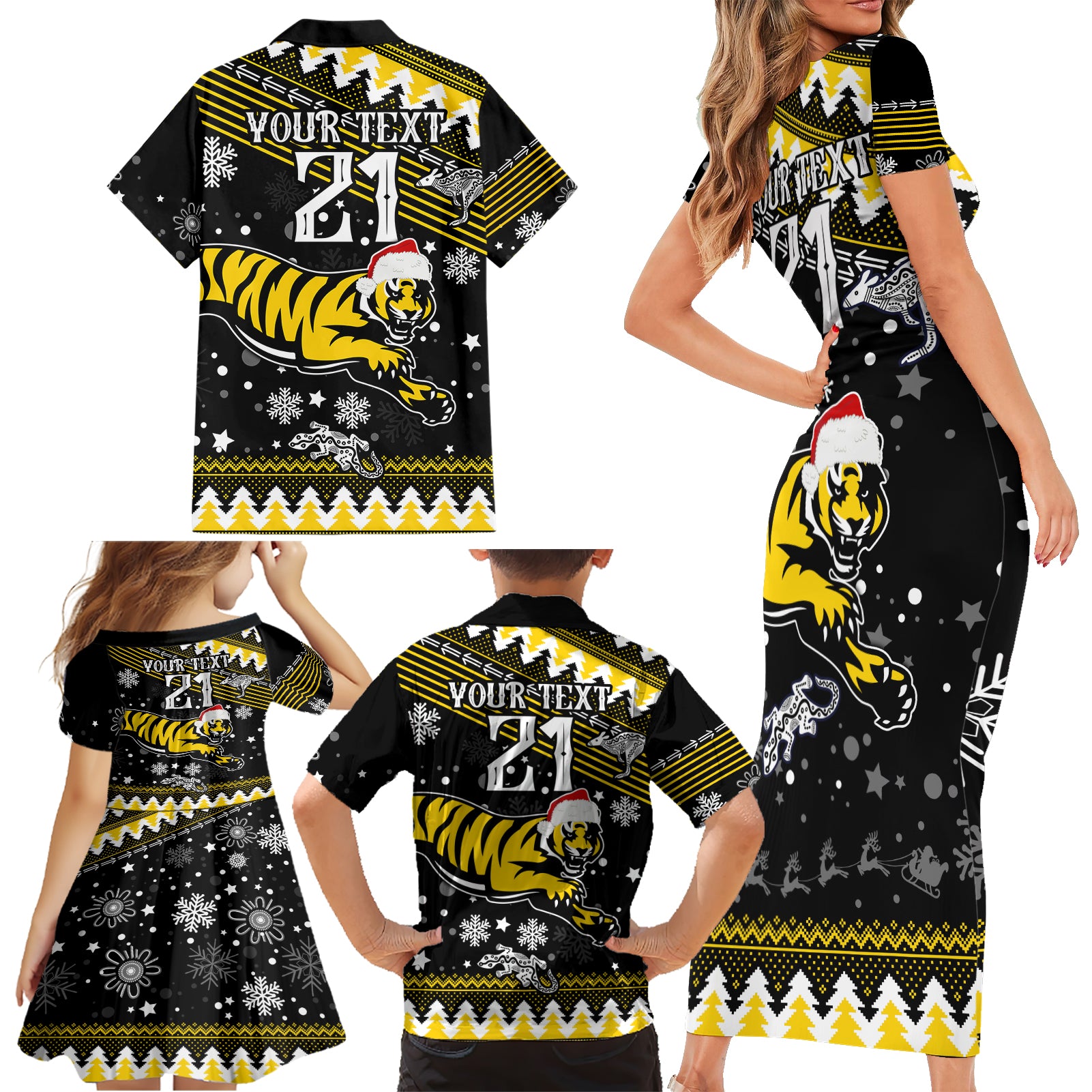 custom-tigers-football-family-matching-short-sleeve-bodycon-dress-and-hawaiian-shirt-christmas-vibe-2023