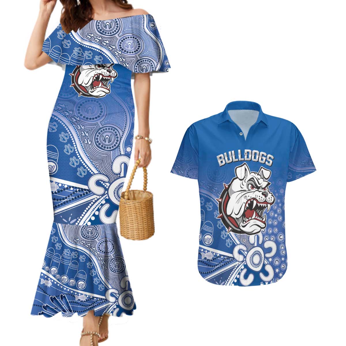 Bulldogs 100-year Anniversary Couples Matching Mermaid Dress and Hawaiian Shirt Simple Aboriginal Motif - Aussie Hoodie