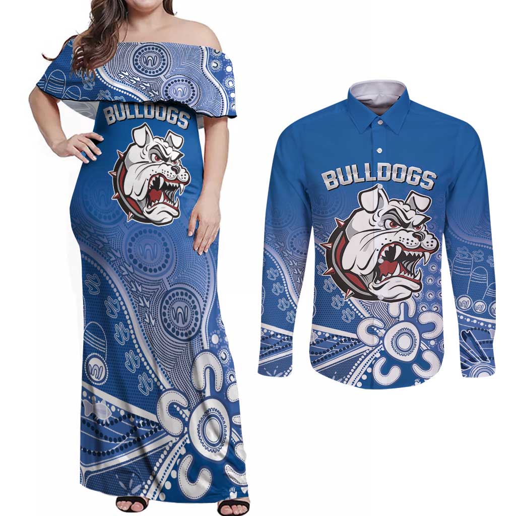 Bulldogs 100-year Anniversary Couples Matching Off Shoulder Maxi Dress and Long Sleeve Button Shirt Simple Aboriginal Motif - Aussie Hoodie
