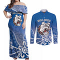 Bulldogs 100-year Anniversary Couples Matching Off Shoulder Maxi Dress and Long Sleeve Button Shirt Simple Aboriginal Motif - Aussie Hoodie