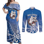Bulldogs 100-year Anniversary Couples Matching Off Shoulder Maxi Dress and Long Sleeve Button Shirt Simple Aboriginal Motif - Aussie Hoodie