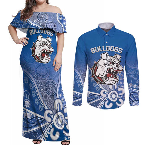 Bulldogs 100-year Anniversary Couples Matching Off Shoulder Maxi Dress and Long Sleeve Button Shirt Simple Aboriginal Motif - Aussie Hoodie