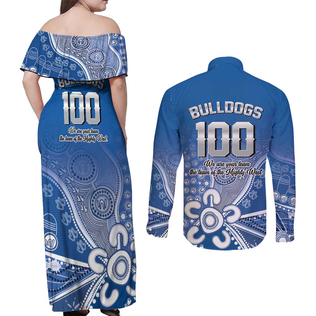 Bulldogs 100-year Anniversary Couples Matching Off Shoulder Maxi Dress and Long Sleeve Button Shirt Simple Aboriginal Motif - Aussie Hoodie