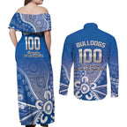 Bulldogs 100-year Anniversary Couples Matching Off Shoulder Maxi Dress and Long Sleeve Button Shirt Simple Aboriginal Motif - Aussie Hoodie