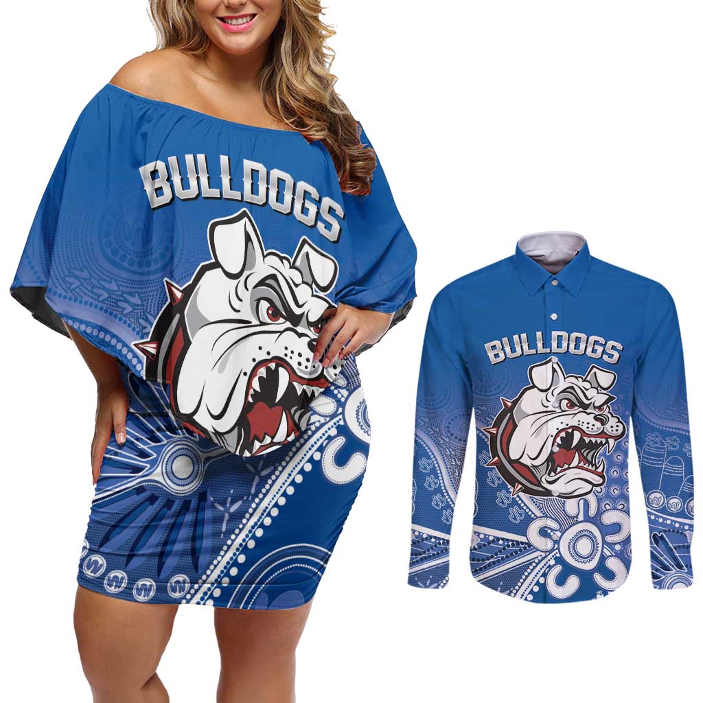 Bulldogs 100-year Anniversary Couples Matching Off Shoulder Short Dress and Long Sleeve Button Shirt Simple Aboriginal Motif - Aussie Hoodie