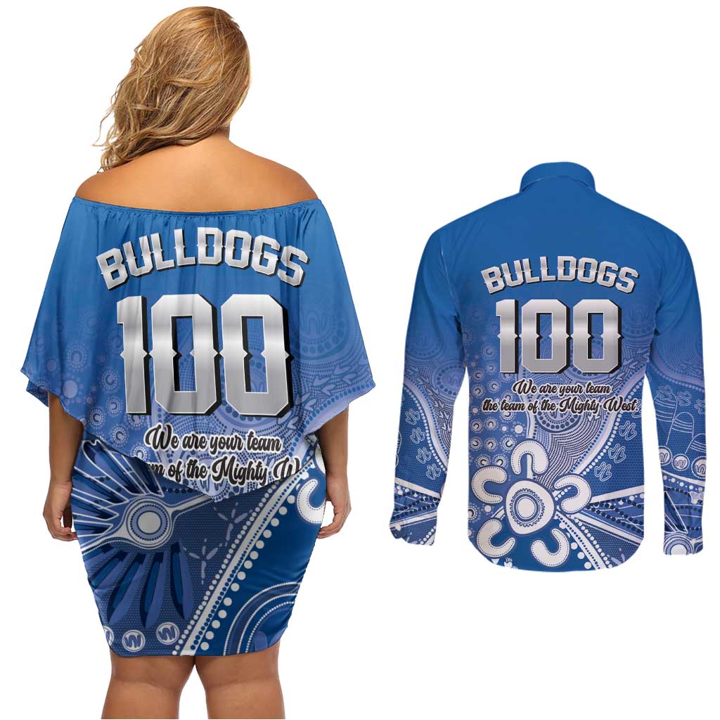 Bulldogs 100-year Anniversary Couples Matching Off Shoulder Short Dress and Long Sleeve Button Shirt Simple Aboriginal Motif - Aussie Hoodie