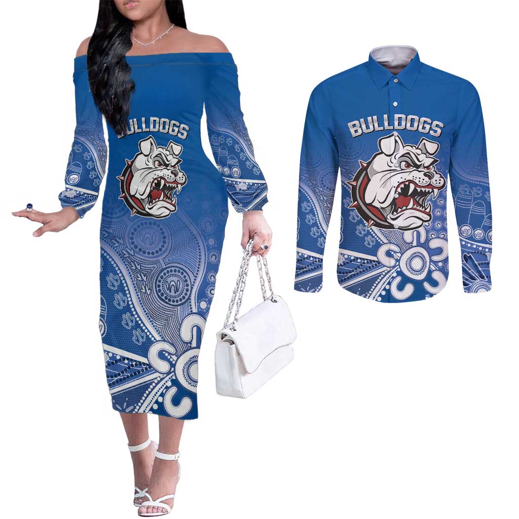 Bulldogs 100-year Anniversary Couples Matching Off The Shoulder Long Sleeve Dress and Long Sleeve Button Shirt Simple Aboriginal Motif - Aussie Hoodie