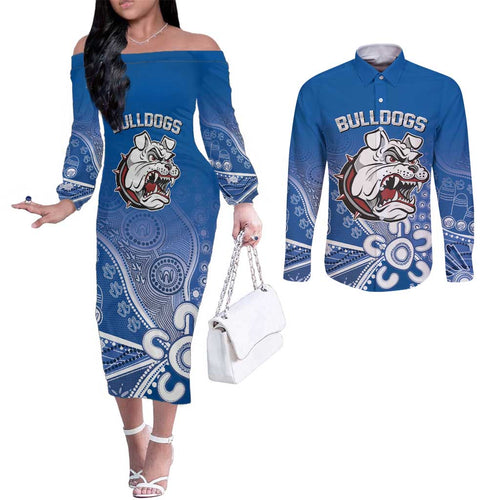 Bulldogs 100-year Anniversary Couples Matching Off The Shoulder Long Sleeve Dress and Long Sleeve Button Shirt Simple Aboriginal Motif - Aussie Hoodie