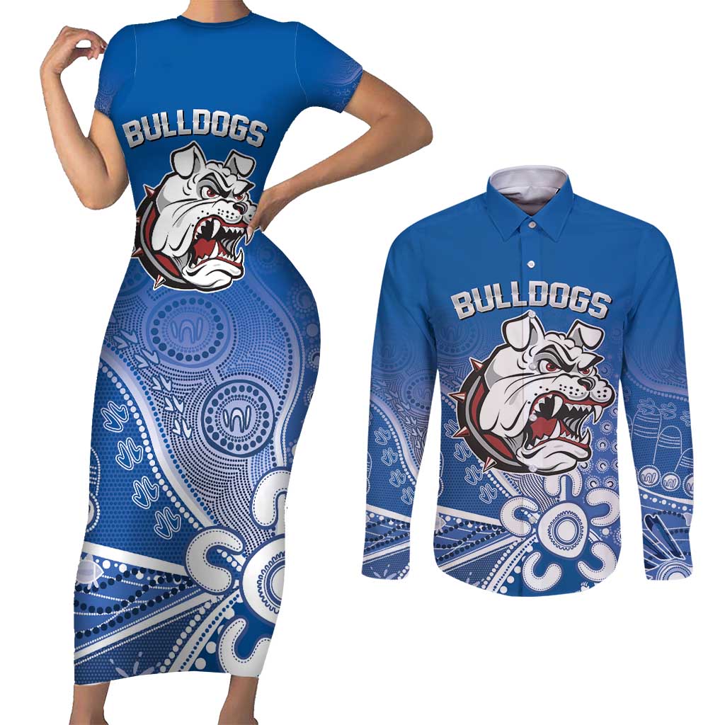 Bulldogs 100-year Anniversary Couples Matching Short Sleeve Bodycon Dress and Long Sleeve Button Shirt Simple Aboriginal Motif - Aussie Hoodie
