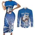 Bulldogs 100-year Anniversary Couples Matching Short Sleeve Bodycon Dress and Long Sleeve Button Shirt Simple Aboriginal Motif - Aussie Hoodie