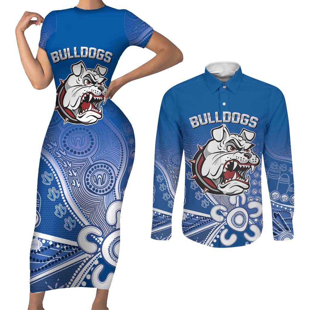 Bulldogs 100-year Anniversary Couples Matching Short Sleeve Bodycon Dress and Long Sleeve Button Shirt Simple Aboriginal Motif - Aussie Hoodie