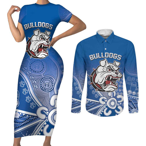 Bulldogs 100-year Anniversary Couples Matching Short Sleeve Bodycon Dress and Long Sleeve Button Shirt Simple Aboriginal Motif - Aussie Hoodie