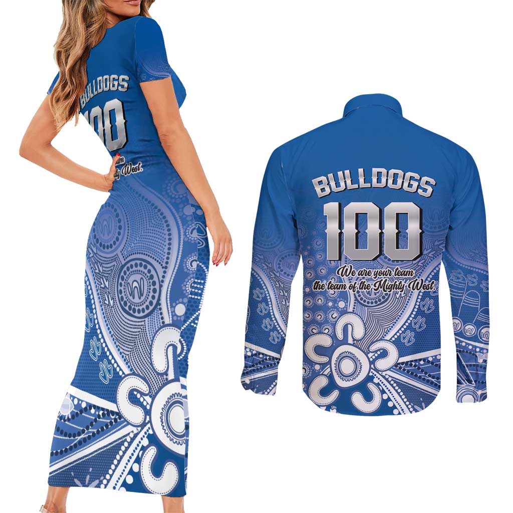 Bulldogs 100-year Anniversary Couples Matching Short Sleeve Bodycon Dress and Long Sleeve Button Shirt Simple Aboriginal Motif - Aussie Hoodie