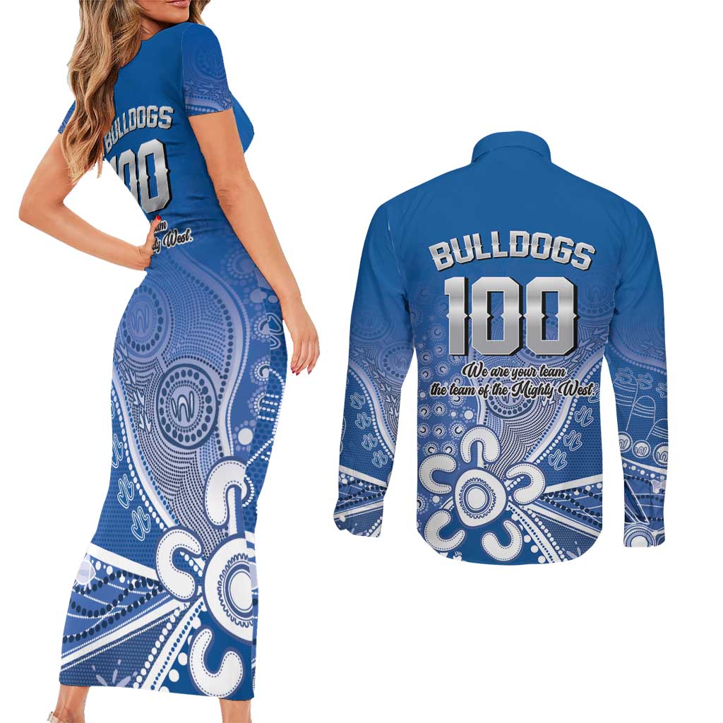 Bulldogs 100-year Anniversary Couples Matching Short Sleeve Bodycon Dress and Long Sleeve Button Shirt Simple Aboriginal Motif - Aussie Hoodie