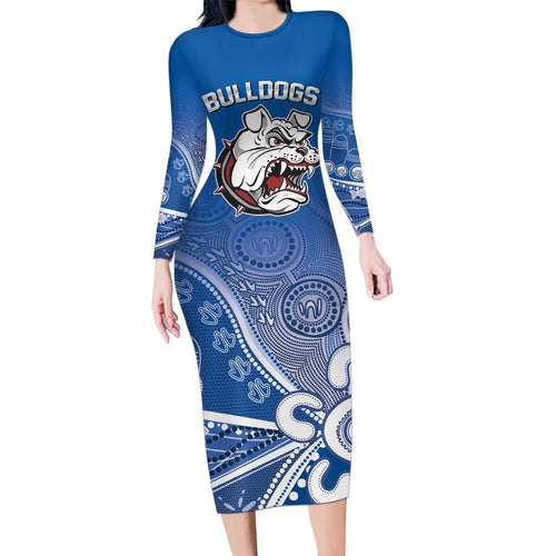 Bulldogs 100-year Anniversary Long Sleeve Bodycon Dress Simple Aboriginal Motif - Aussie Hoodie